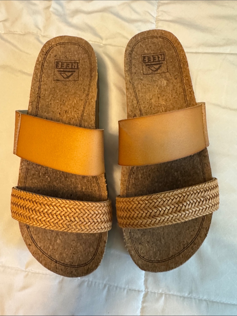 Reef Tan Two-Strip Slide platform Sandals with Woven Toe Band